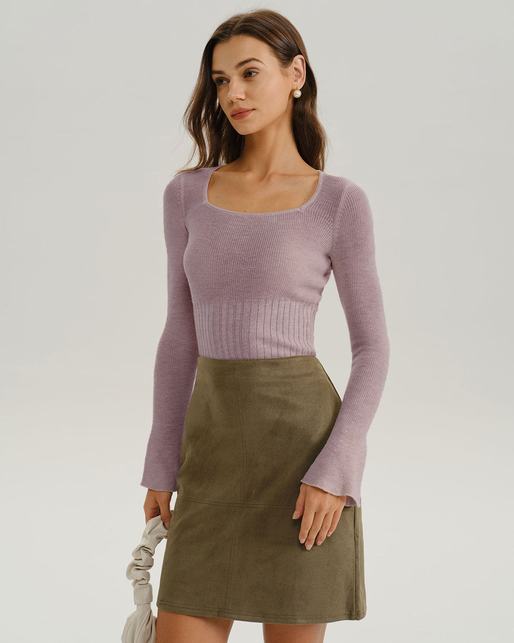 Purple Ribbed Knit Bell Sleeve Tee