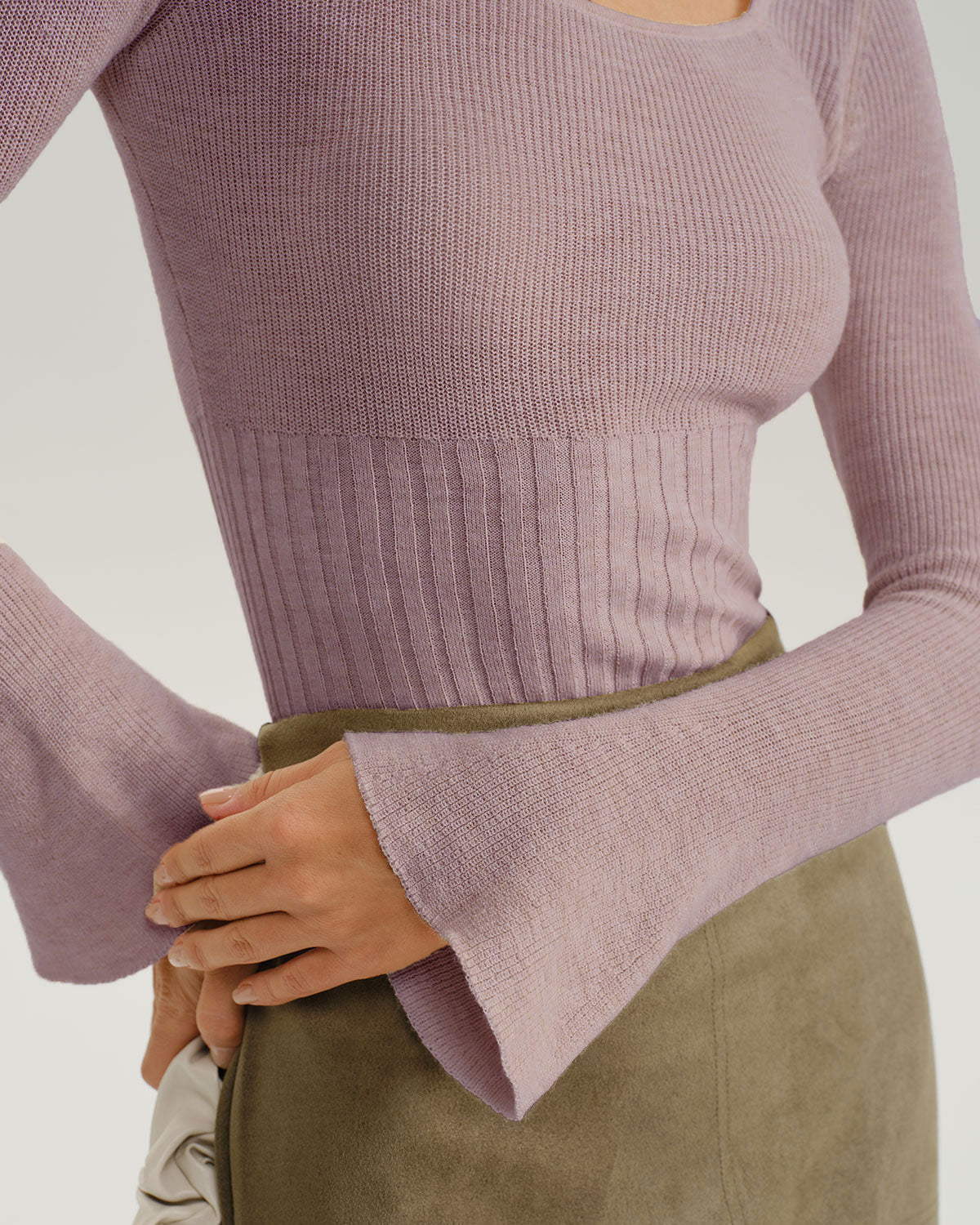 Purple Ribbed Knit Bell Sleeve Tee